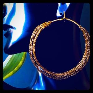 2.25” Handmade Gold Wire Crocheted Hoop Earrings